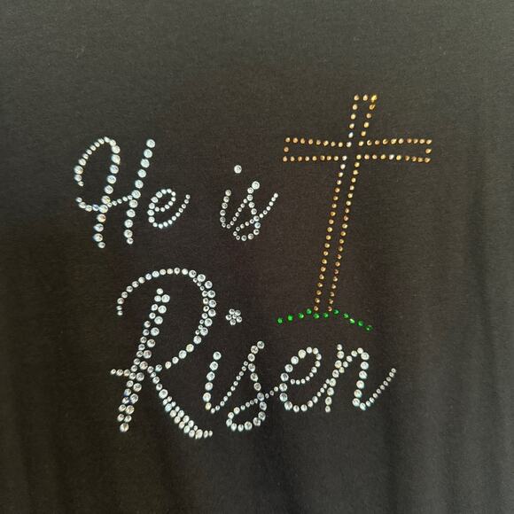 Rhinestone Easter Cross He Is Risen T-Shirt Short Sleeve Black Tee NEW Sparkly! - Picture 3 of 4